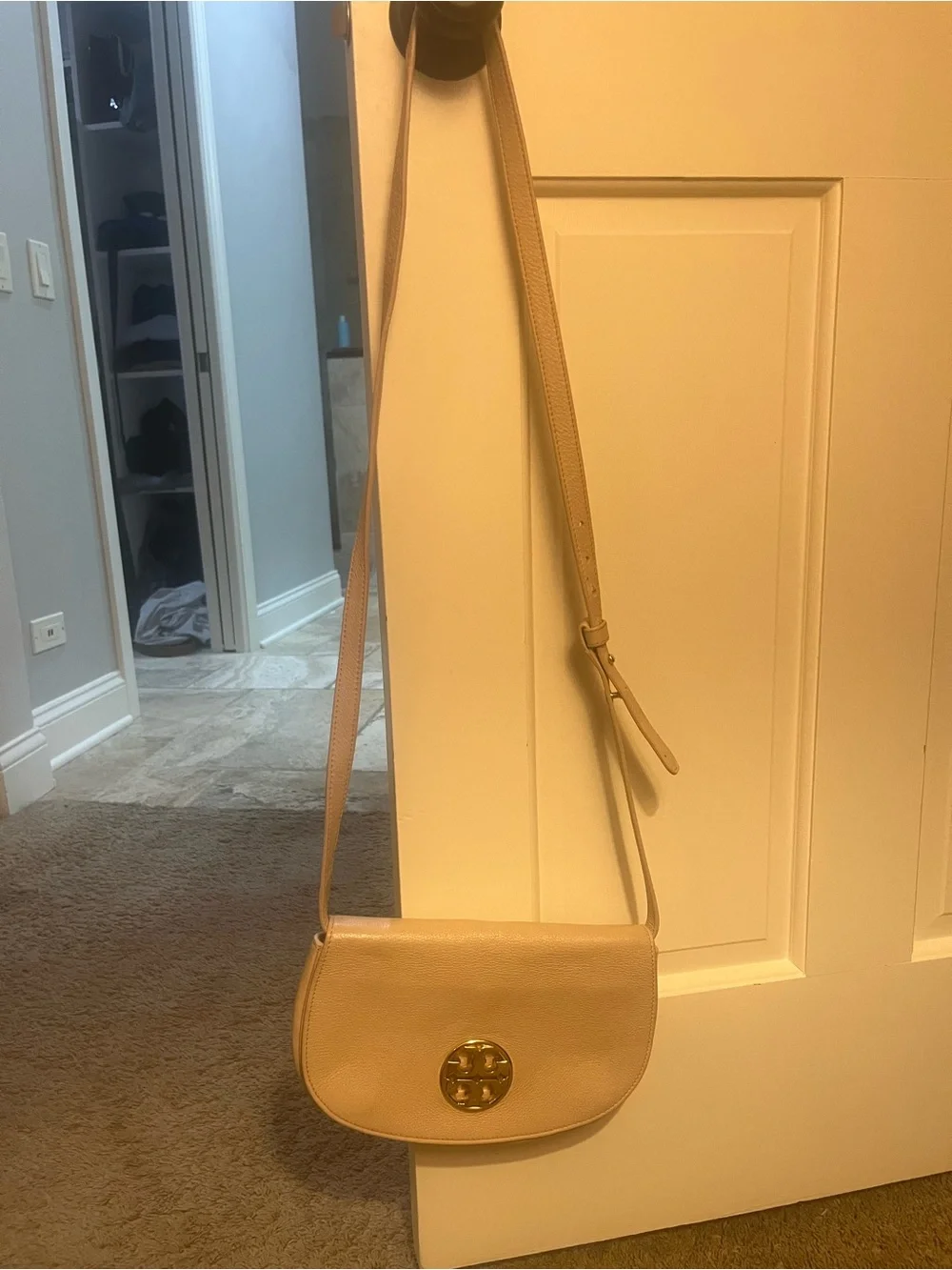 Tory Burch Pale Pink Pebbled Leather Crossbody with Gold Logo